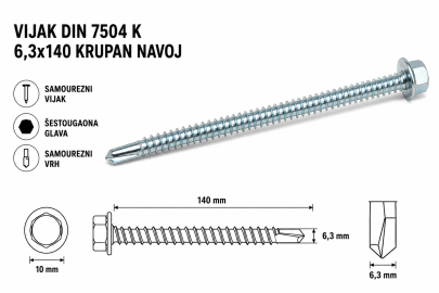 VIJAK DIN 7504 K 6,3x140 KRUPAN NAVOJ